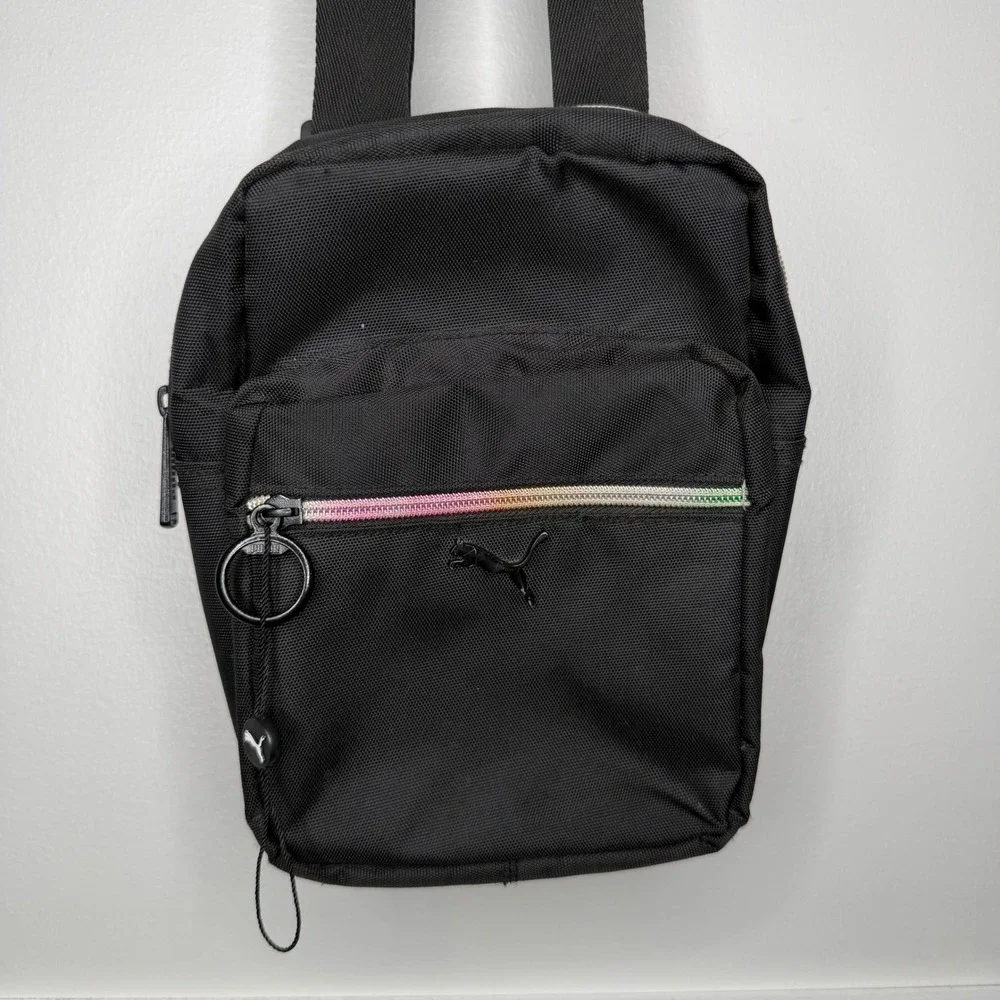 Puma Crossbody Bag Unisex Small Black Iridescent Rainbow Zipper Sport Messenger
